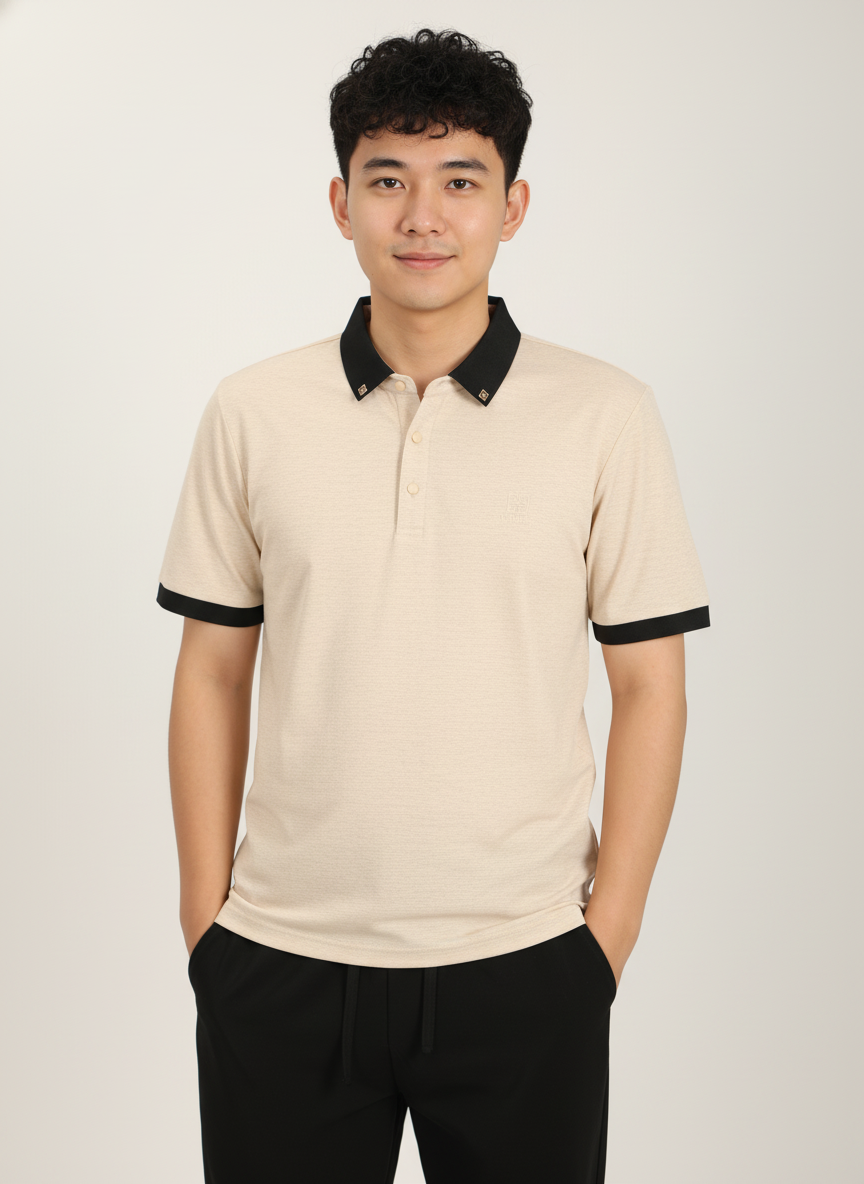 Men’s Sand Beige Premium Stretch Polo with Contrast Ribbed Collar T-Shirt