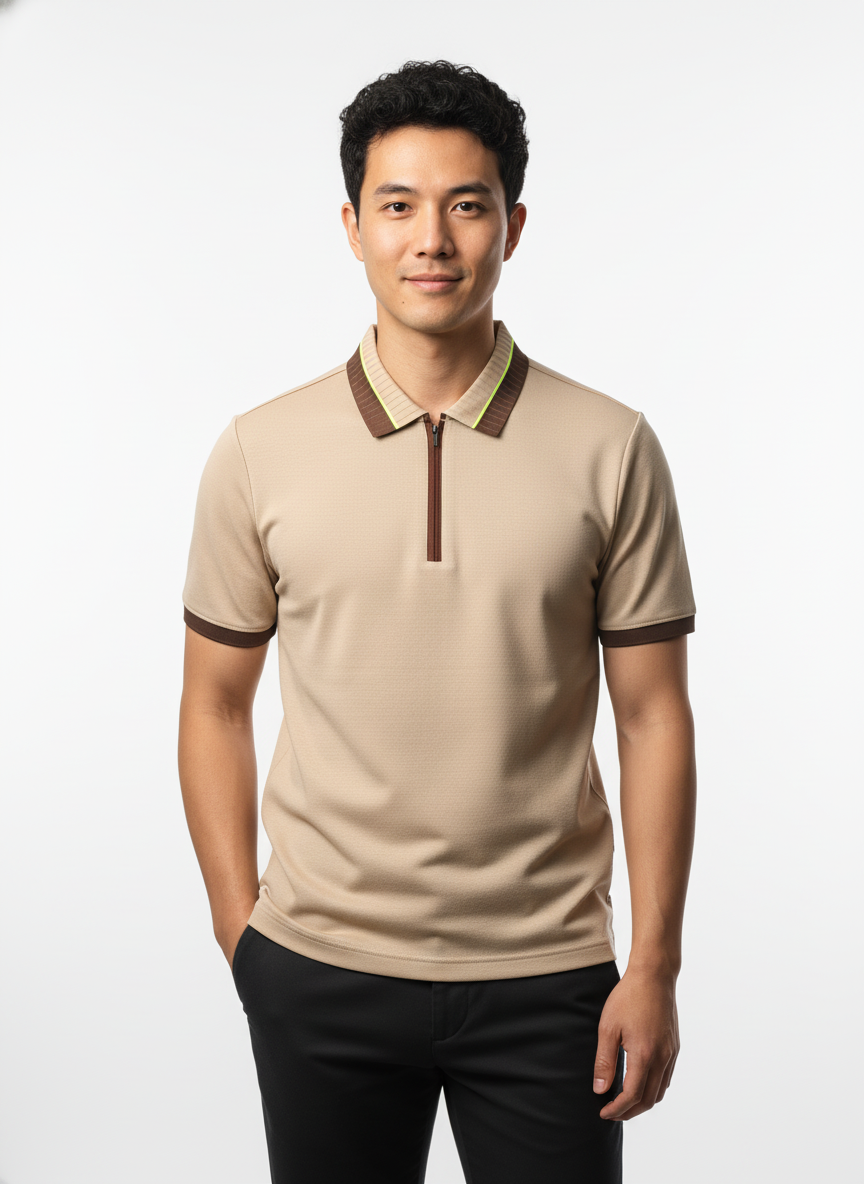 Men's Sand Beige Textured Zip-Polo T-Shirt with Neon Collar Accent