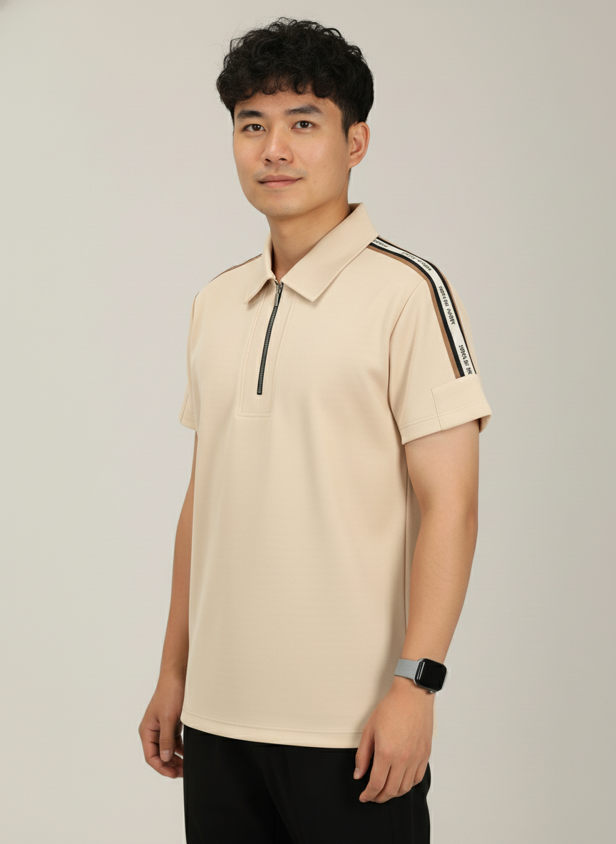 Men's Sand Beige Premium Shoulder-Stripe Zip Polo T-Shirt