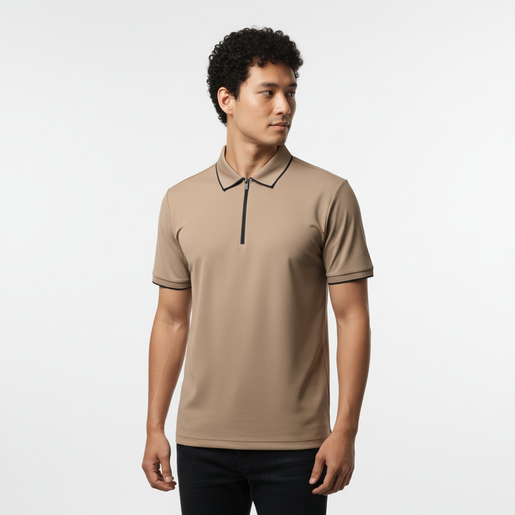 Men's Sand Beige Modern Contrast Trim Zip-Neck Polo T-Shirt