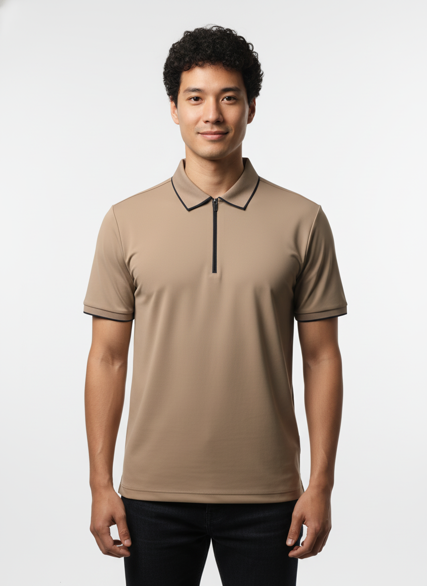Men's Sand Beige Modern Contrast Trim Zip-Neck Polo T-Shirt