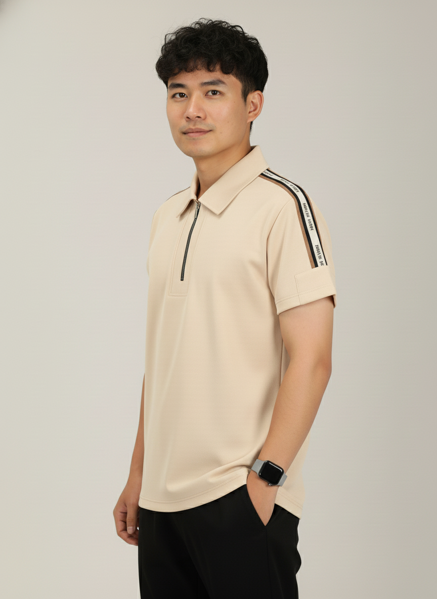 Men's Sand Beige Premium Shoulder-Stripe Zip Polo T-Shirt