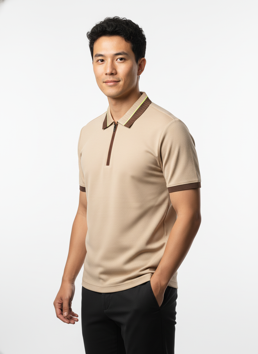 Men's Sand Beige Textured Zip-Polo T-Shirt with Neon Collar Accent