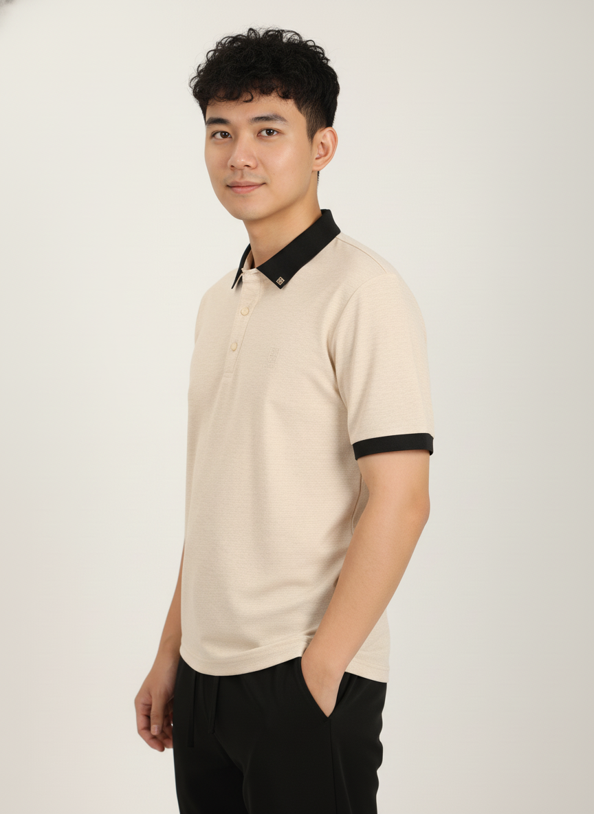 Men’s Sand Beige Premium Stretch Polo with Contrast Ribbed Collar T-Shirt
