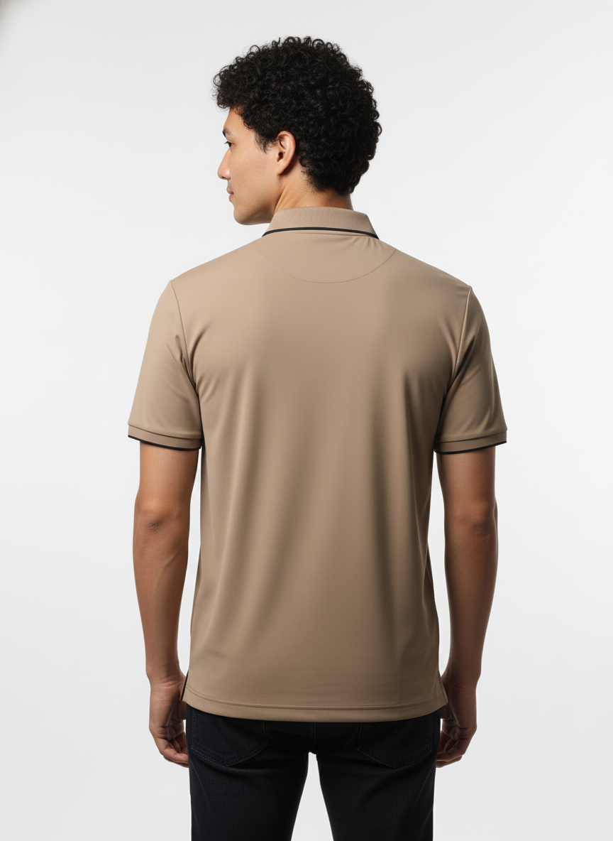 Men's Sand Beige Modern Contrast Trim Zip-Neck Polo T-Shirt