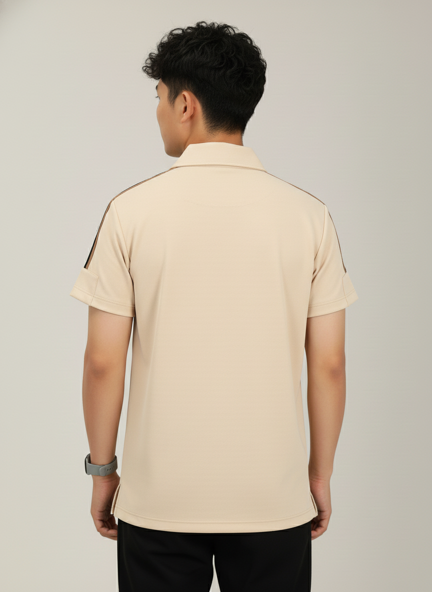 Men's Sand Beige Premium Shoulder-Stripe Zip Polo T-Shirt