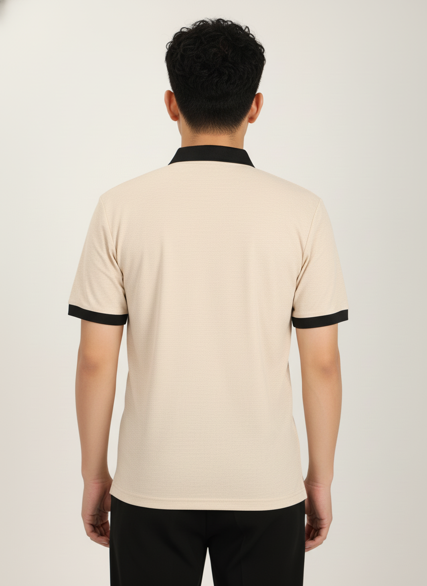 Men’s Sand Beige Premium Stretch Polo with Contrast Ribbed Collar T-Shirt