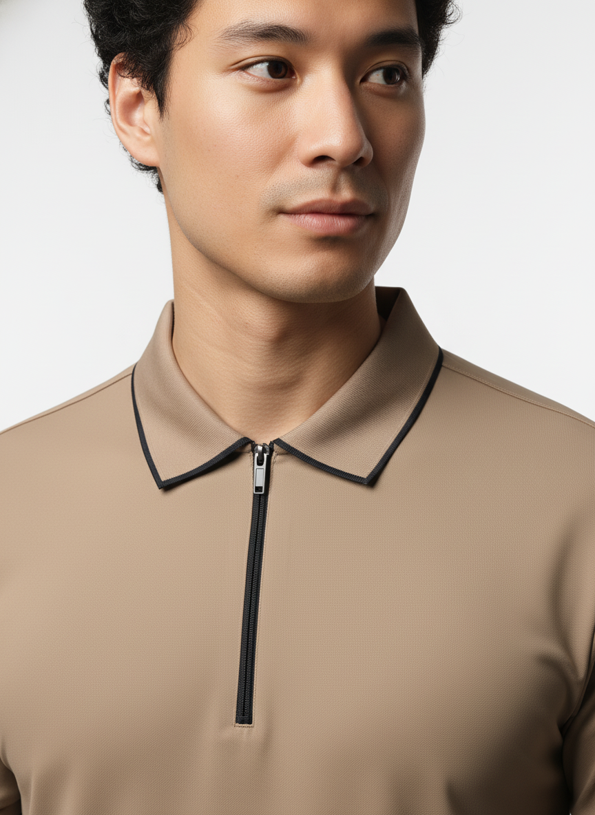 Men's Sand Beige Modern Contrast Trim Zip-Neck Polo T-Shirt