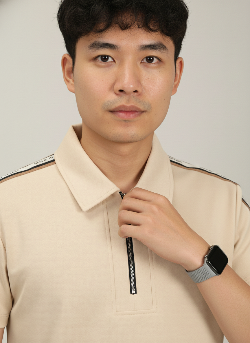 Men's Sand Beige Premium Shoulder-Stripe Zip Polo T-Shirt