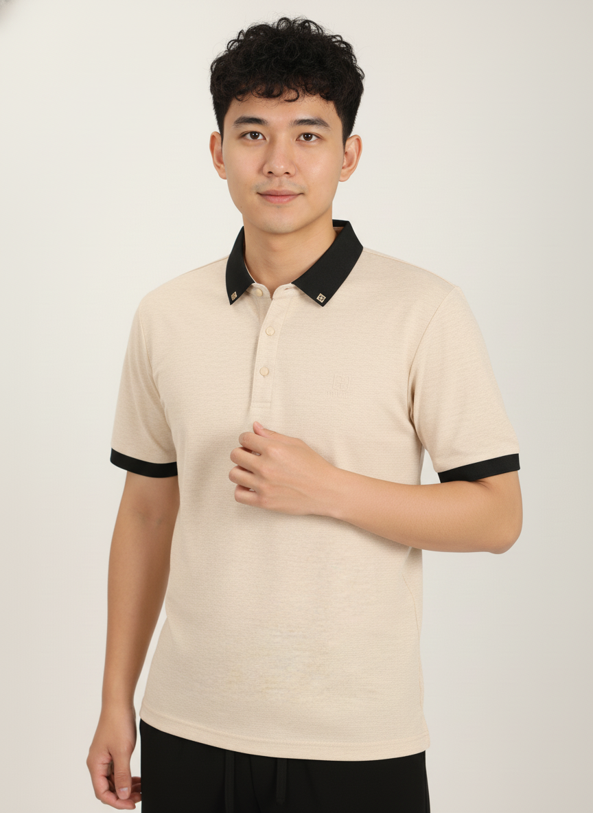 Men’s Sand Beige Premium Stretch Polo with Contrast Ribbed Collar T-Shirt