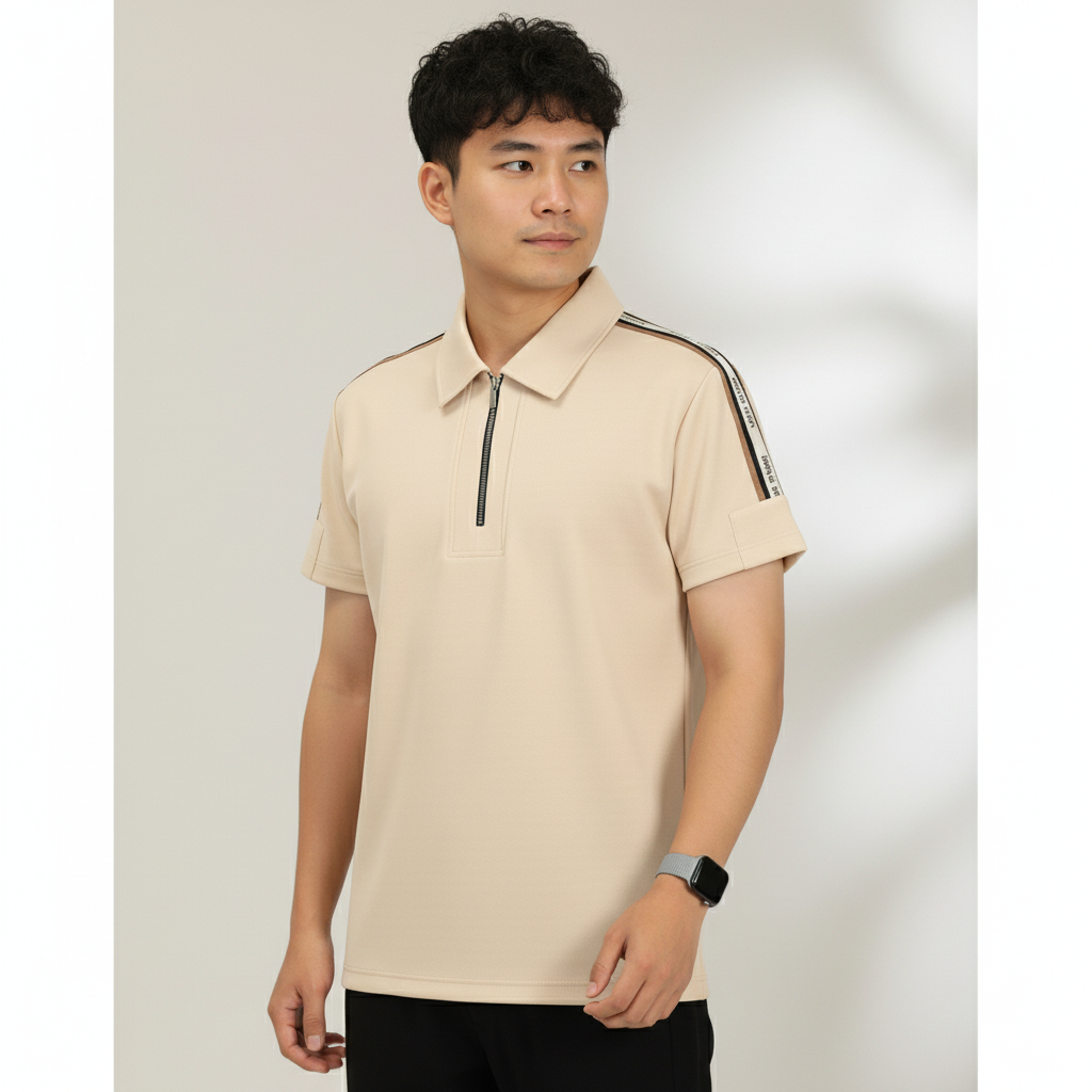 Men's Sand Beige Premium Shoulder-Stripe Zip Polo T-Shirt