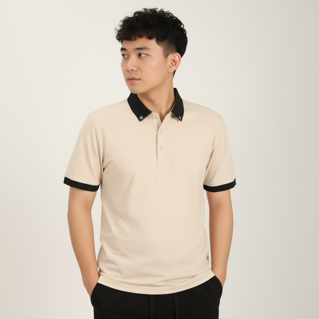 Men’s Sand Beige Premium Stretch Polo with Contrast Ribbed Collar T-Shirt