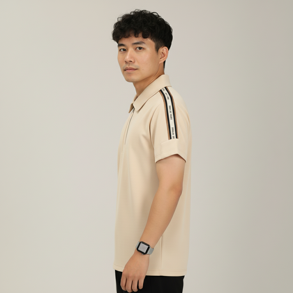 Men's Sand Beige Premium Shoulder-Stripe Zip Polo T-Shirt