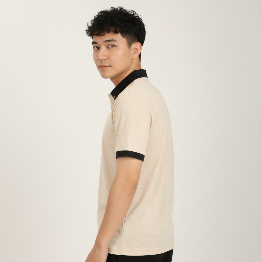 Men’s Sand Beige Premium Stretch Polo with Contrast Ribbed Collar T-Shirt