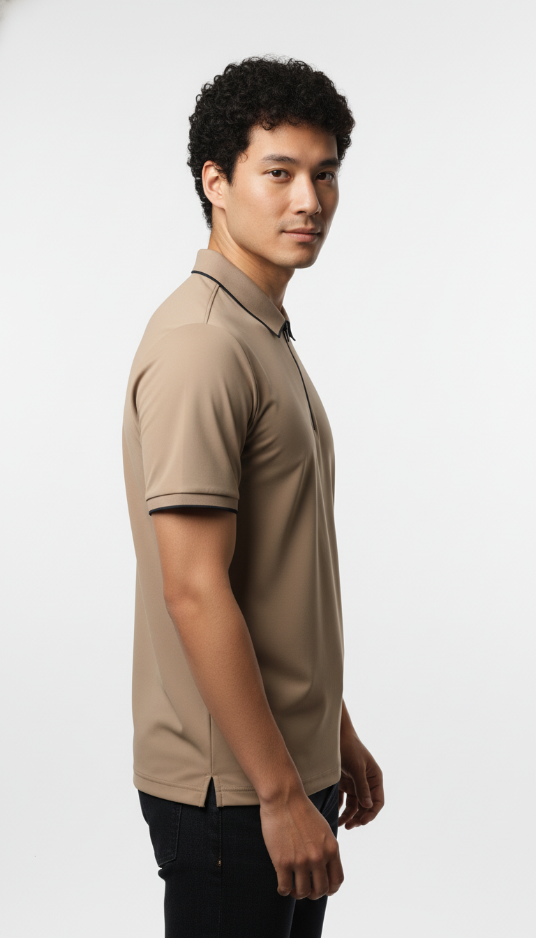Men's Sand Beige Modern Contrast Trim Zip-Neck Polo T-Shirt
