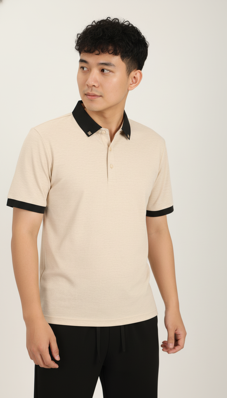 Men’s Sand Beige Premium Stretch Polo with Contrast Ribbed Collar T-Shirt