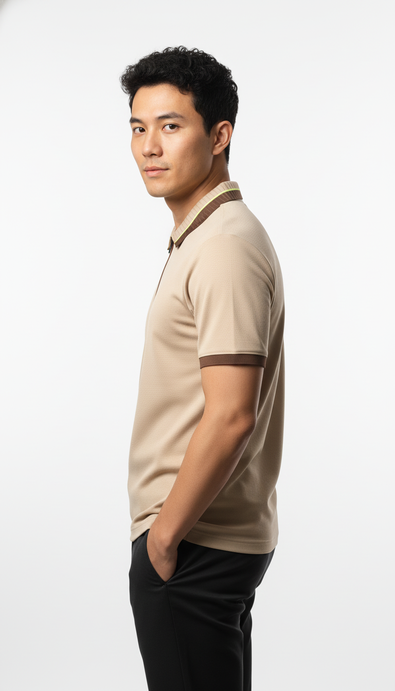 Men's Sand Beige Textured Zip-Polo T-Shirt with Neon Collar Accent