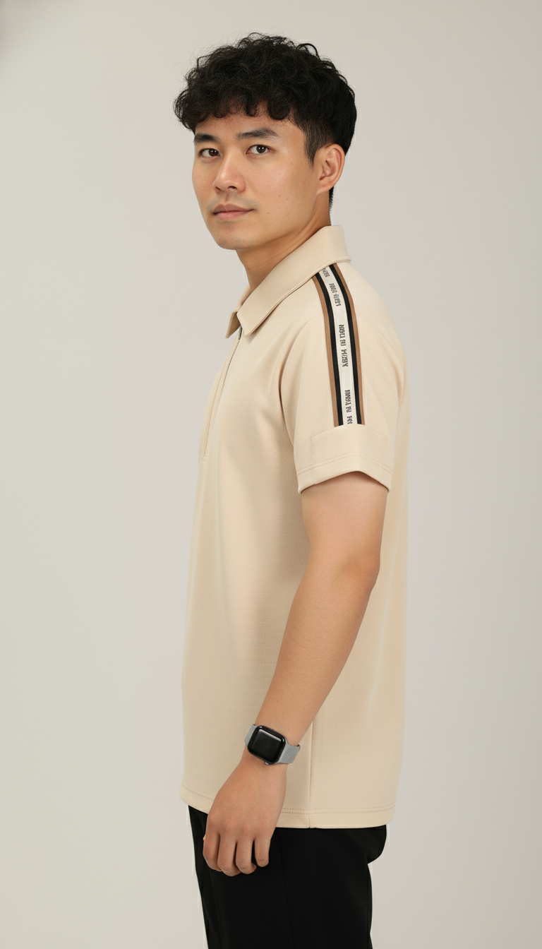 Men's Sand Beige Premium Shoulder-Stripe Zip Polo T-Shirt