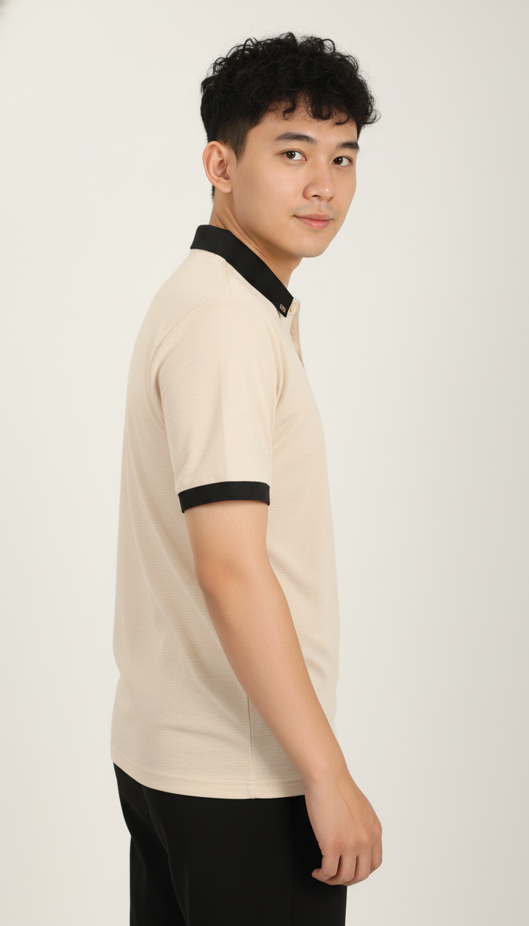 Men’s Sand Beige Premium Stretch Polo with Contrast Ribbed Collar T-Shirt