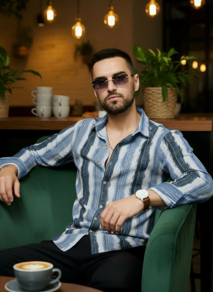 Men's Slate Blue Abstract Stripe Winkle Ribbed Shirt