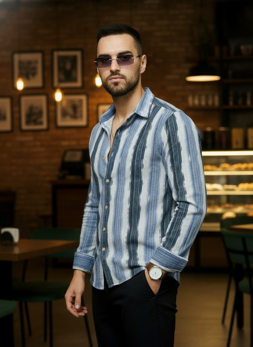 Men's Slate Blue Abstract Stripe Winkle Ribbed Shirt