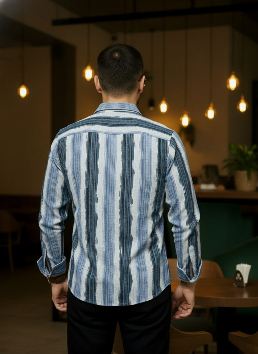 Men's Slate Blue Abstract Stripe Winkle Ribbed Shirt