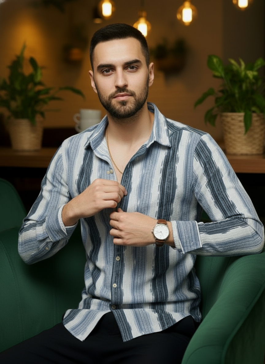 Men's Slate Blue Abstract Stripe Winkle Ribbed Shirt