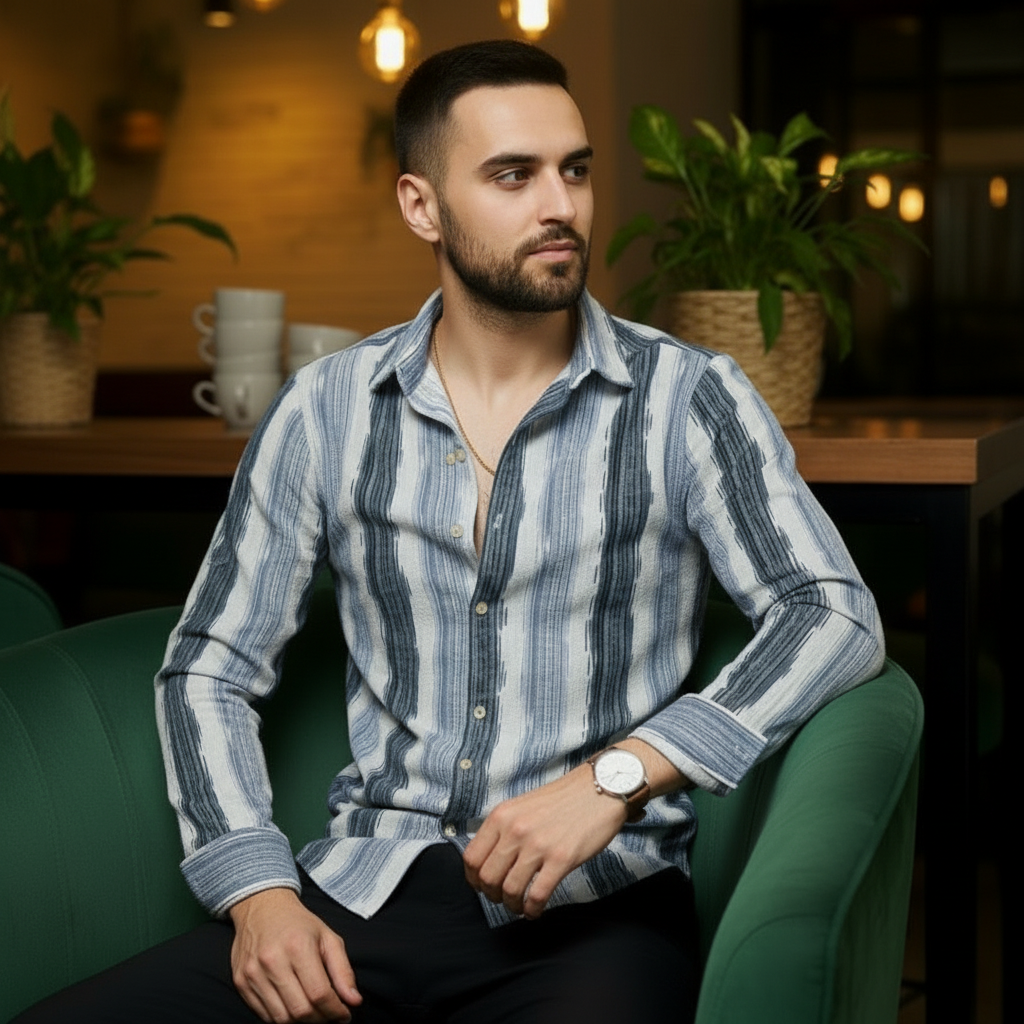 Men's Slate Blue Abstract Stripe Winkle Ribbed Shirt