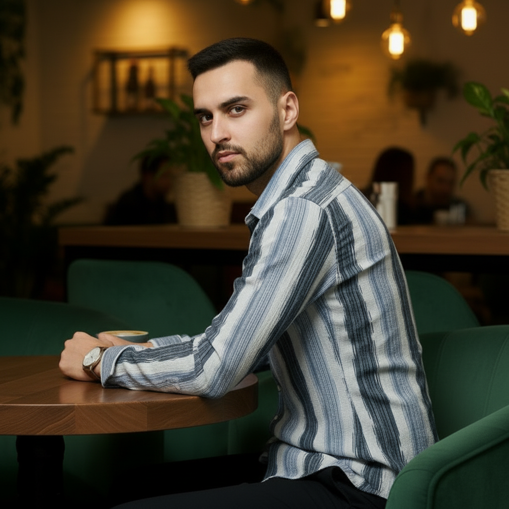 Men's Slate Blue Abstract Stripe Winkle Ribbed Shirt