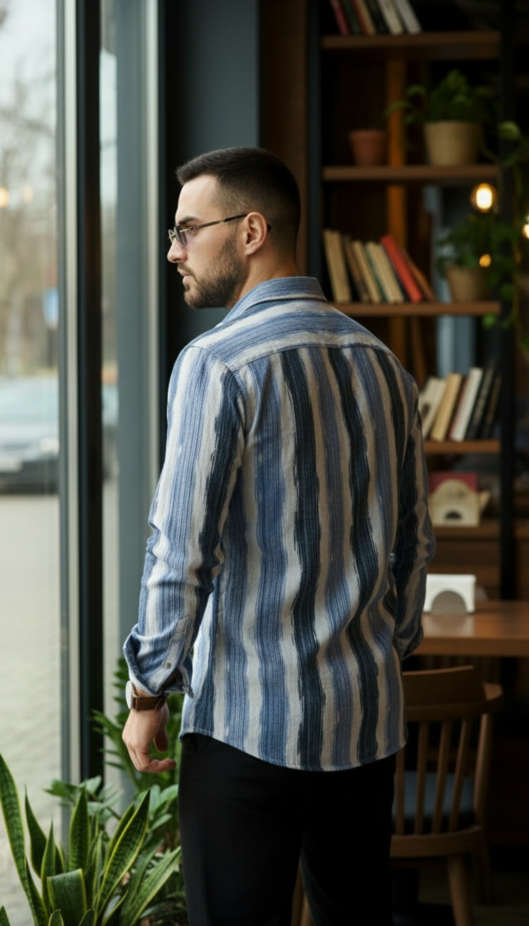 Men's Slate Blue Abstract Stripe Winkle Ribbed Shirt