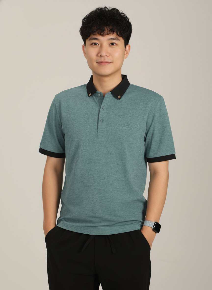 Men’s Slate Teal Green Premium Stretch Polo with Contrast Ribbed Collar T-Shirt