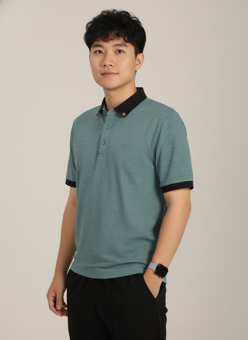 Men’s Slate Teal Green Premium Stretch Polo with Contrast Ribbed Collar T-Shirt