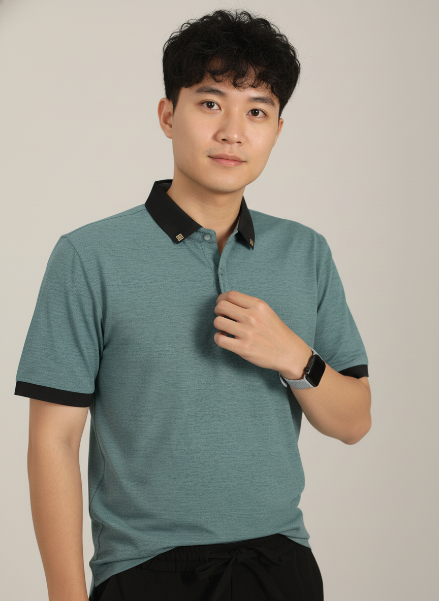 Men’s Slate Teal Green Premium Stretch Polo with Contrast Ribbed Collar T-Shirt