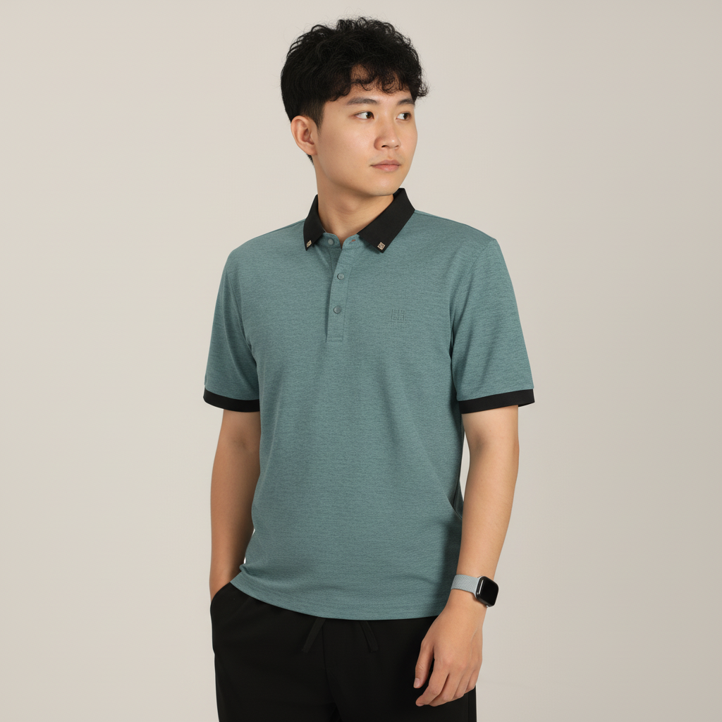 Men’s Slate Teal Green Premium Stretch Polo with Contrast Ribbed Collar T-Shirt