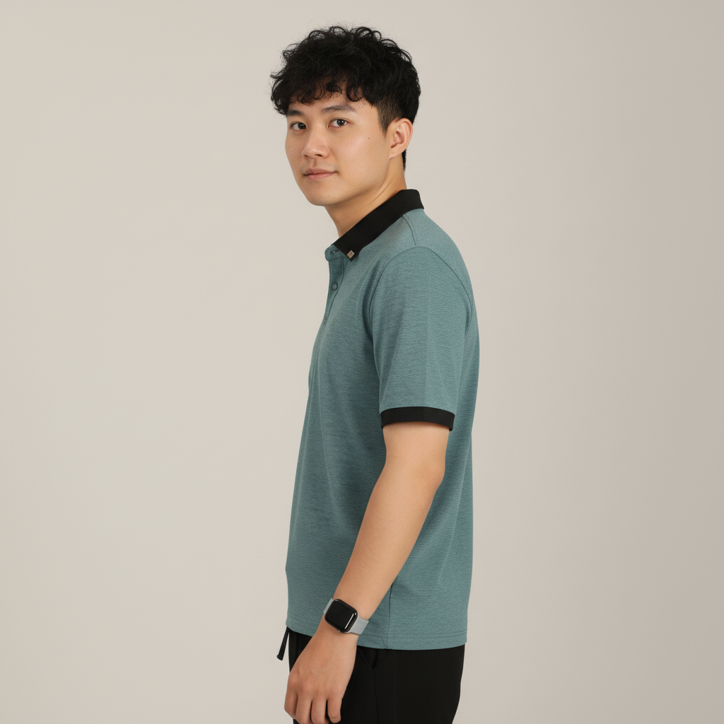 Men’s Slate Teal Green Premium Stretch Polo with Contrast Ribbed Collar T-Shirt