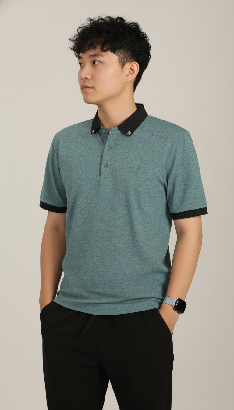 Men’s Slate Teal Green Premium Stretch Polo with Contrast Ribbed Collar T-Shirt