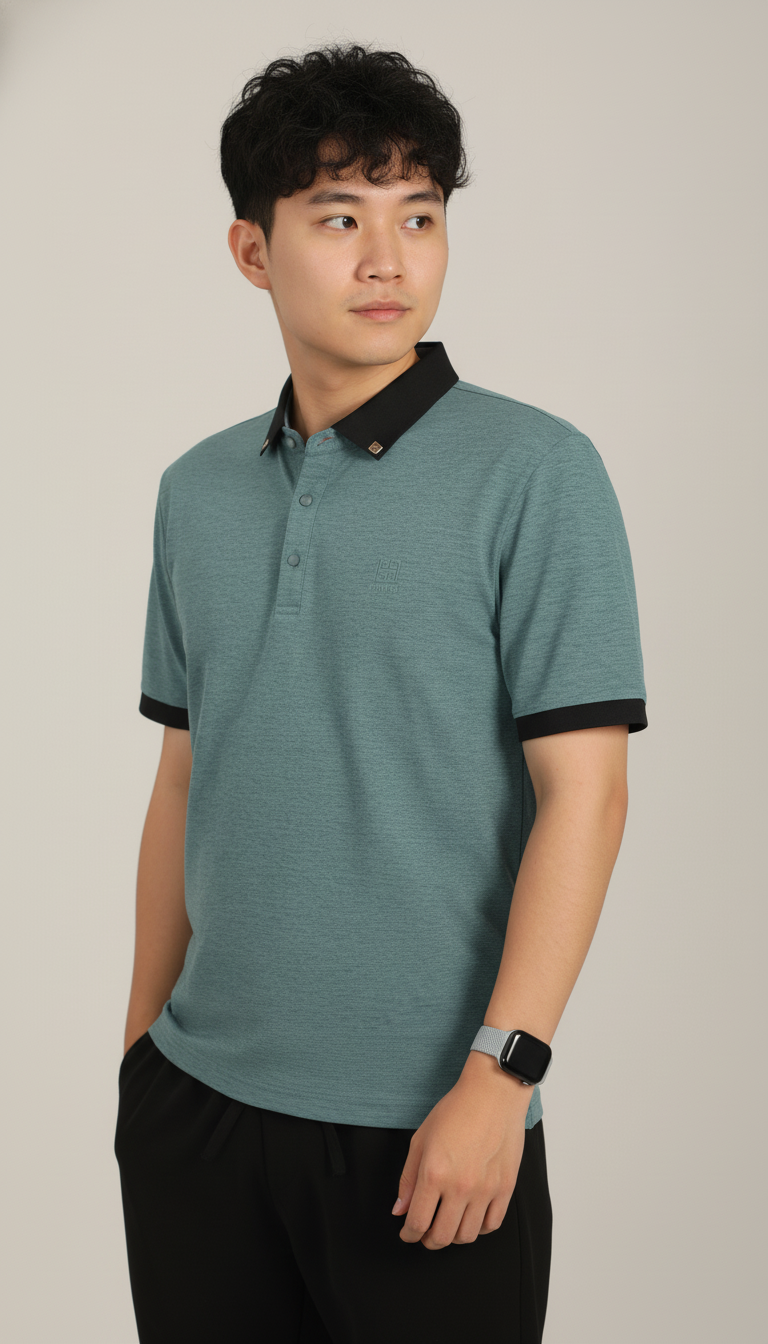 Men’s Slate Teal Green Premium Stretch Polo with Contrast Ribbed Collar T-Shirt