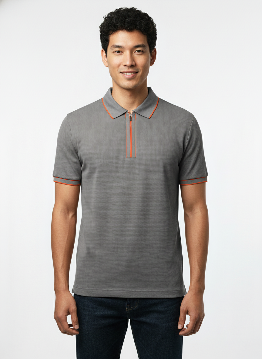 Men's Steel Grey Contrast Trim Zip Polo T-Shirt