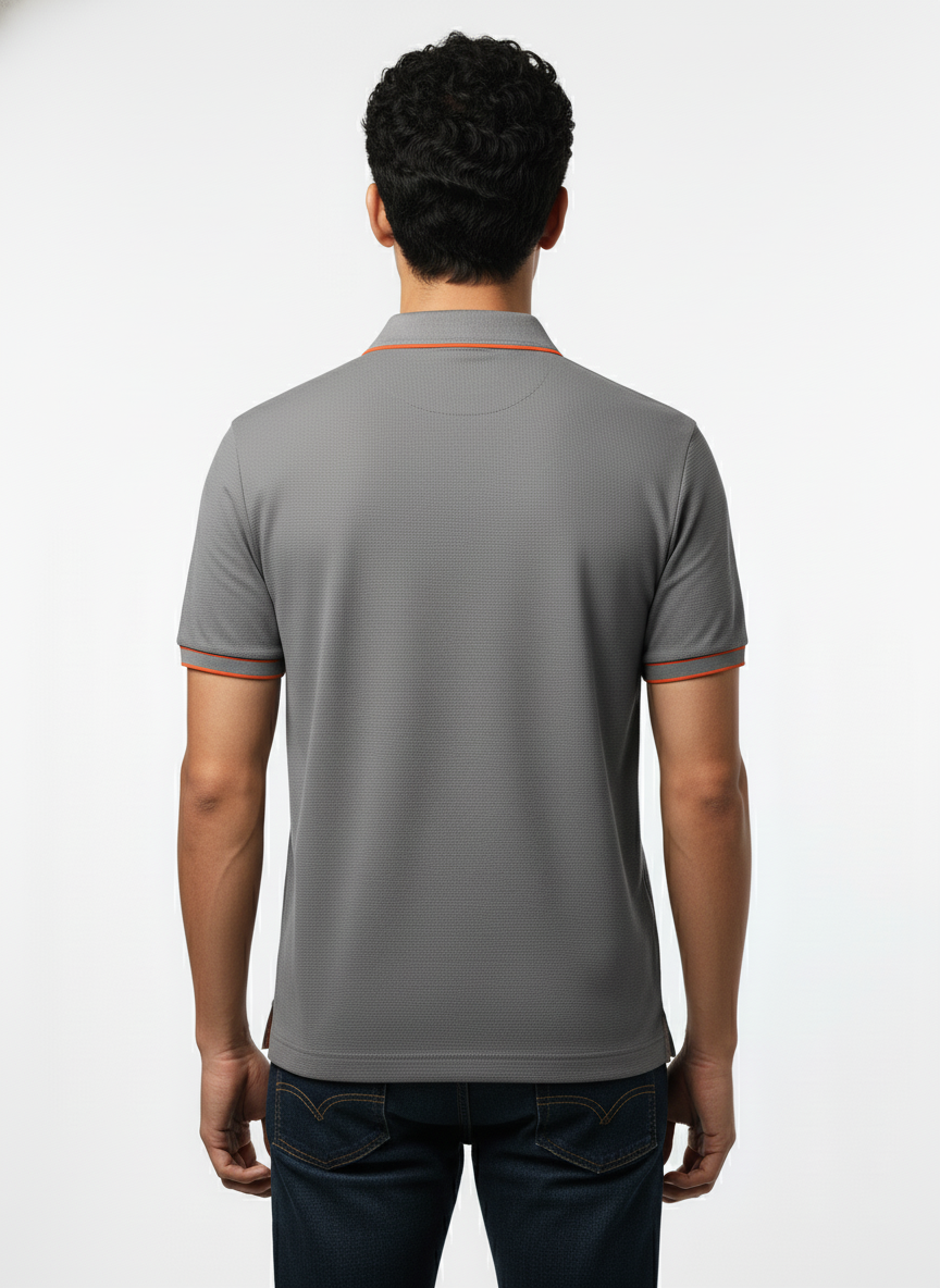 Men's Steel Grey Contrast Trim Zip Polo T-Shirt