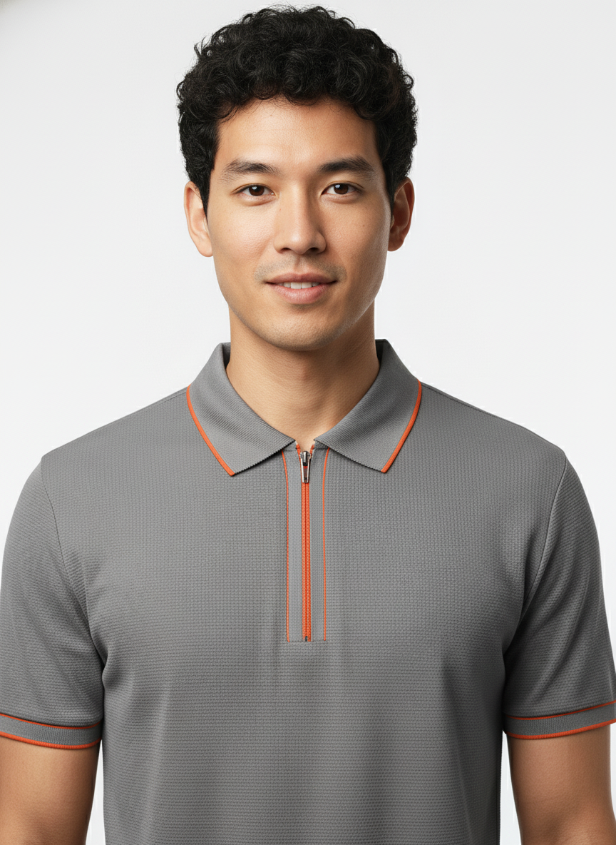 Men's Steel Grey Contrast Trim Zip Polo T-Shirt