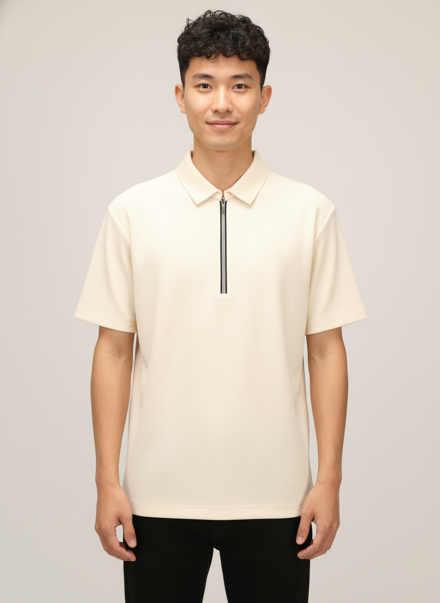 Men’s Vanilla Cream Textured Ribbed Zip Polo T-Shirt