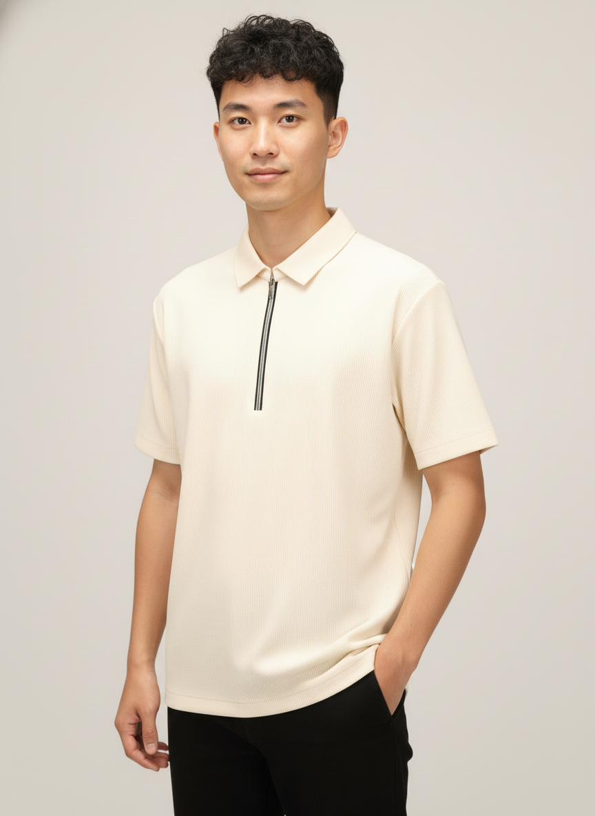 Men’s Vanilla Cream Textured Ribbed Zip Polo T-Shirt