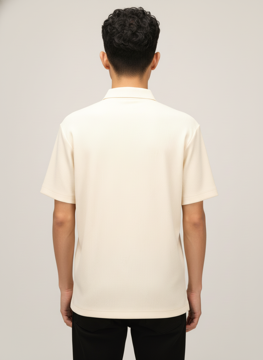 Men’s Vanilla Cream Textured Ribbed Zip Polo T-Shirt