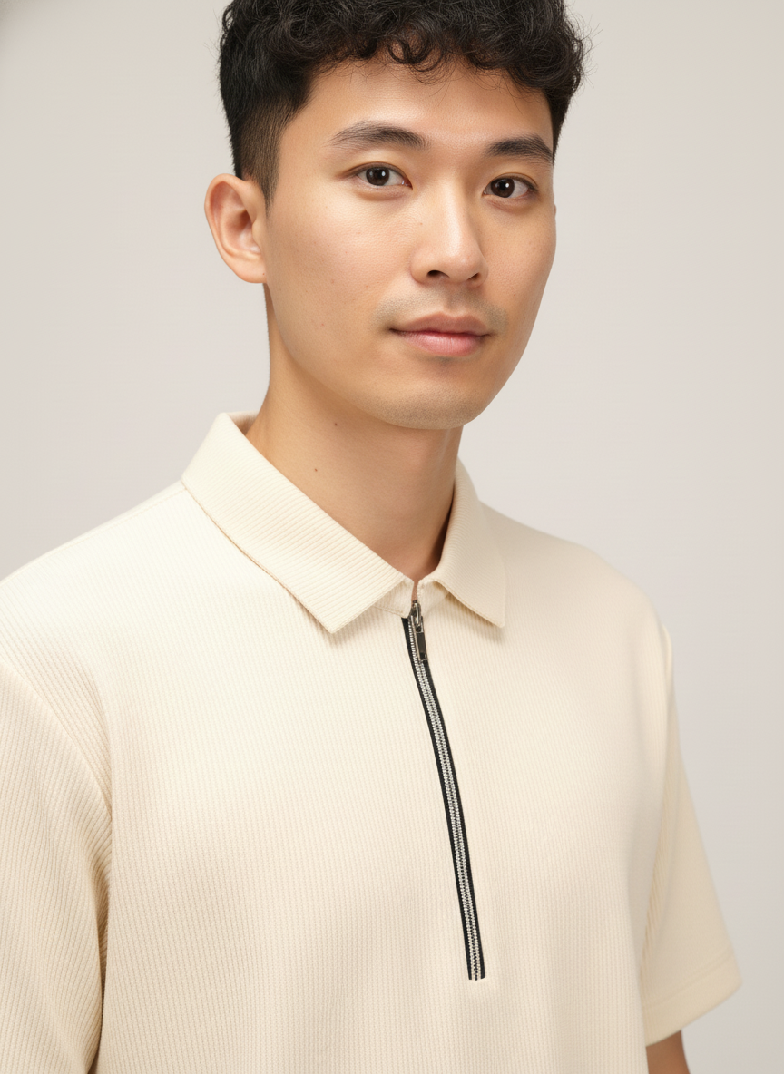 Men’s Vanilla Cream Textured Ribbed Zip Polo T-Shirt