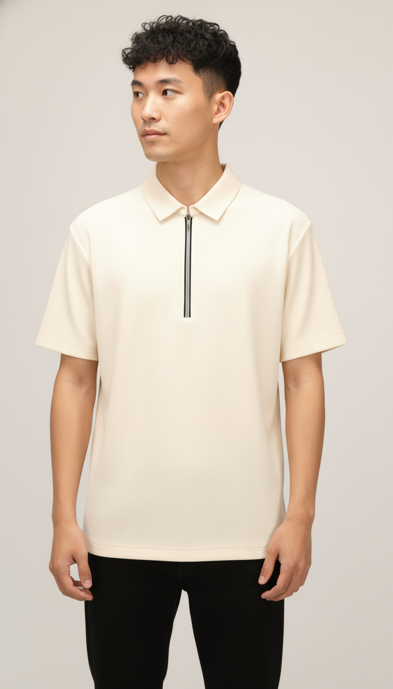 Men’s Vanilla Cream Textured Ribbed Zip Polo T-Shirt