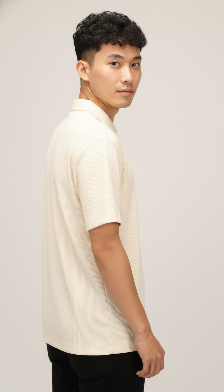 Men’s Vanilla Cream Textured Ribbed Zip Polo T-Shirt