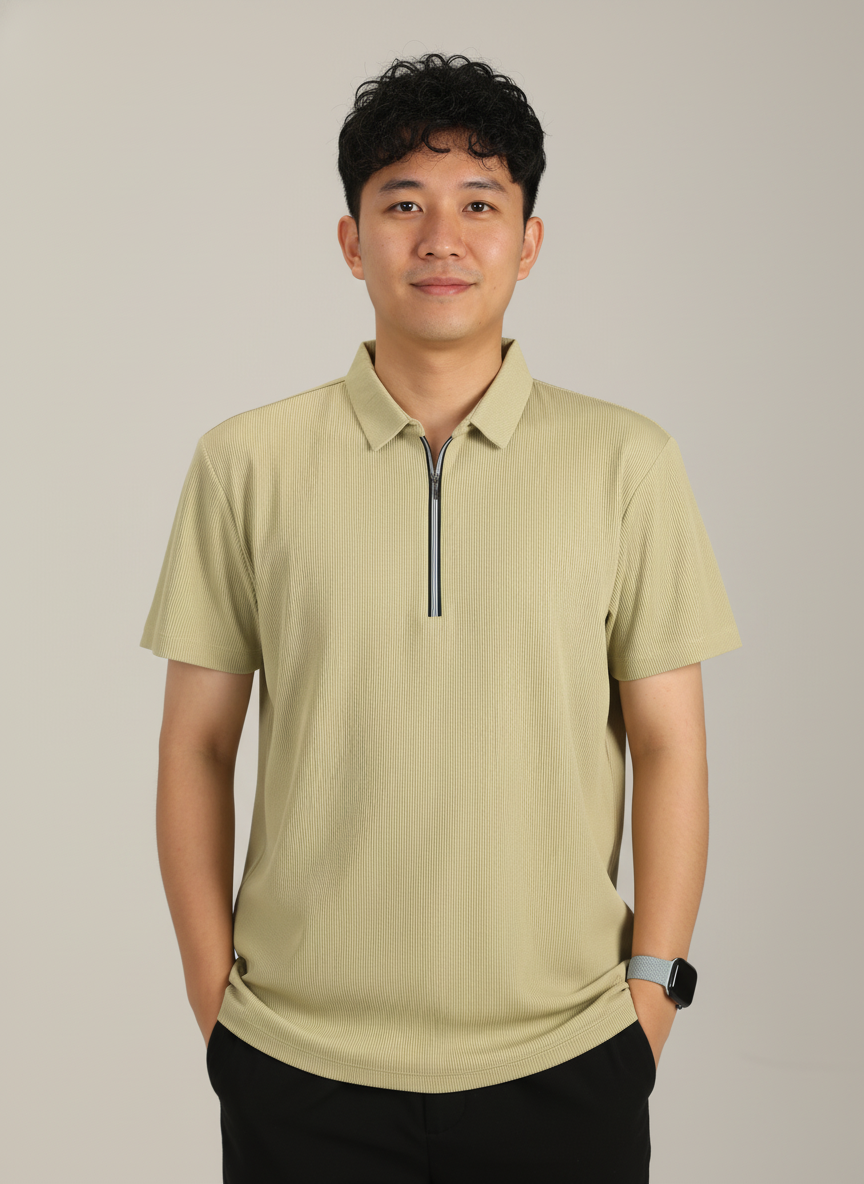 Men’s Yellow Textured Ribbed Zip Polo T-Shirt
