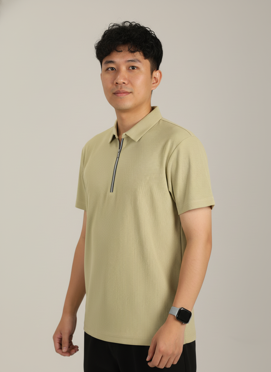 Men’s Yellow Textured Ribbed Zip Polo T-Shirt