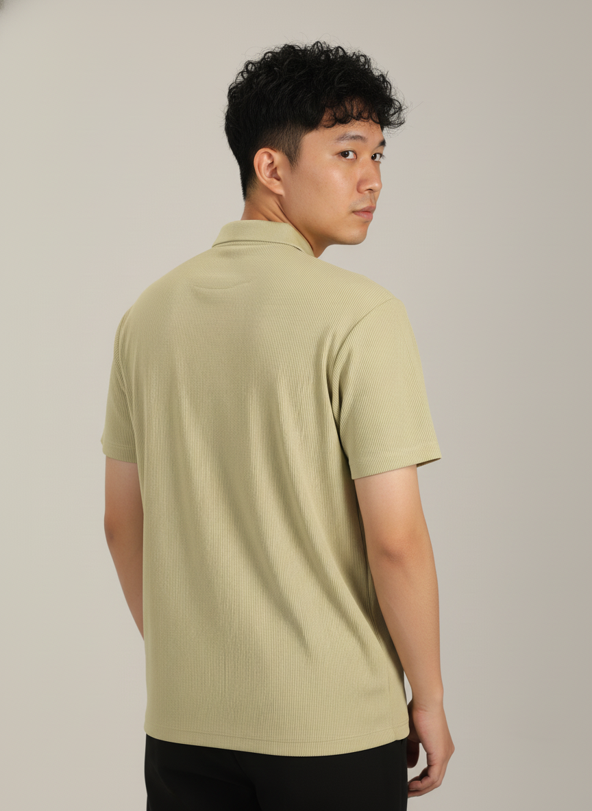 Men’s Yellow Textured Ribbed Zip Polo T-Shirt
