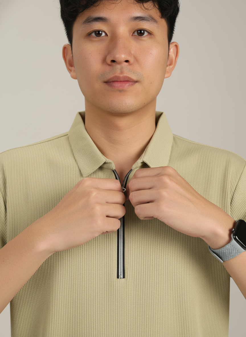 Men’s Yellow Textured Ribbed Zip Polo T-Shirt